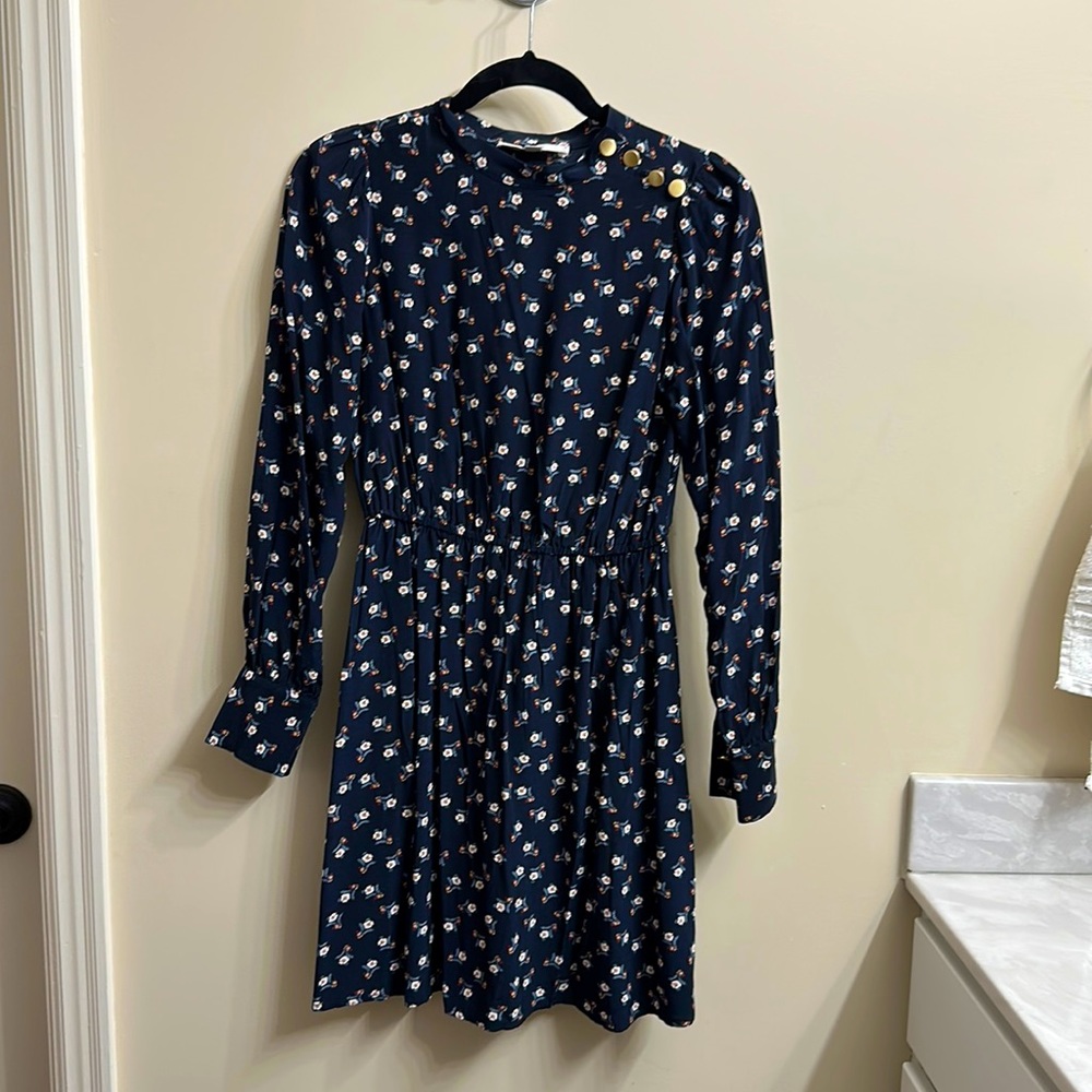 Loft navy floral dress with gold buttons, size XS